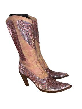 Damy Western Cowboy Boots  Italy Haute Couture Sequinned Leather EU 40 US 9 9.5